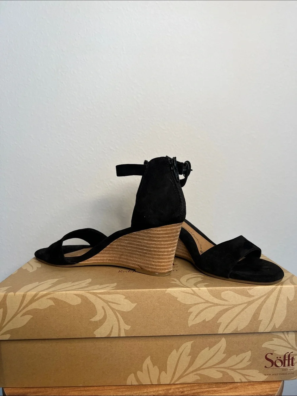 Sofft Black Suede Ankle-Strap Wedge Sandals